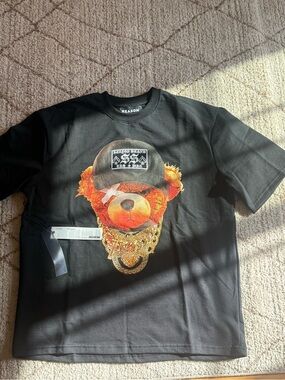 Reason Clothing Teddy Bear Gold Rhinestone Graphic T-Shirt Black S NWT